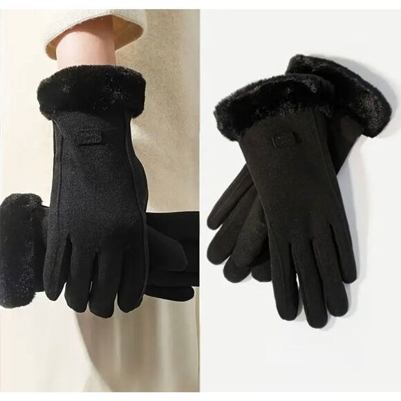Women’s Black Thermal Winter Gloves Faux Fur Cuff Touchscreen Compatible - Picture 2 of 3